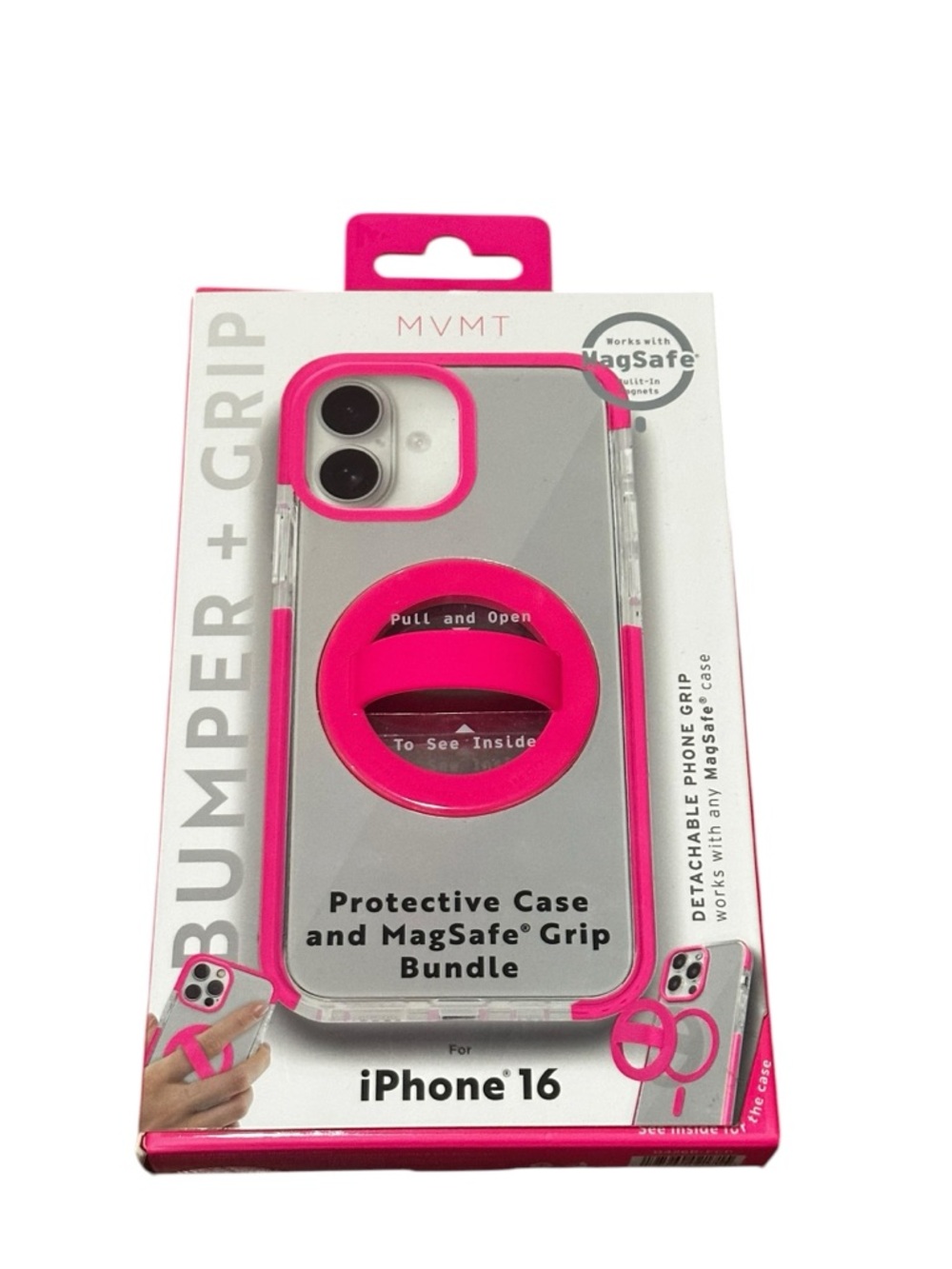 MVMT Clear iPhone 16 Case with Hot Pink Bumper & Detachable MagSafe Grip - Picture 1 of 4